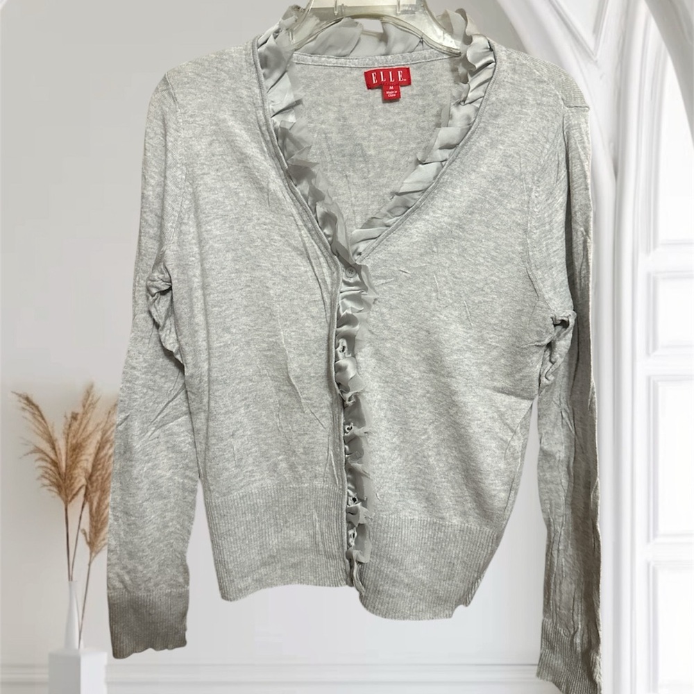 Elle Women's Light Gray Ruffle Trim Cardigan- Size M